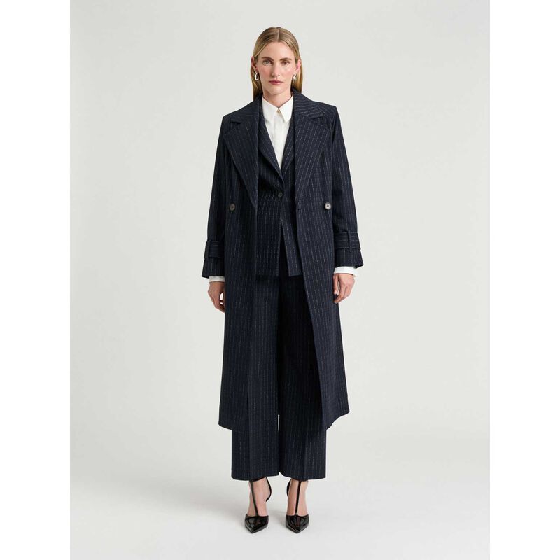 Veronika Maine Navy Pinstripe Belted Trench image number 3